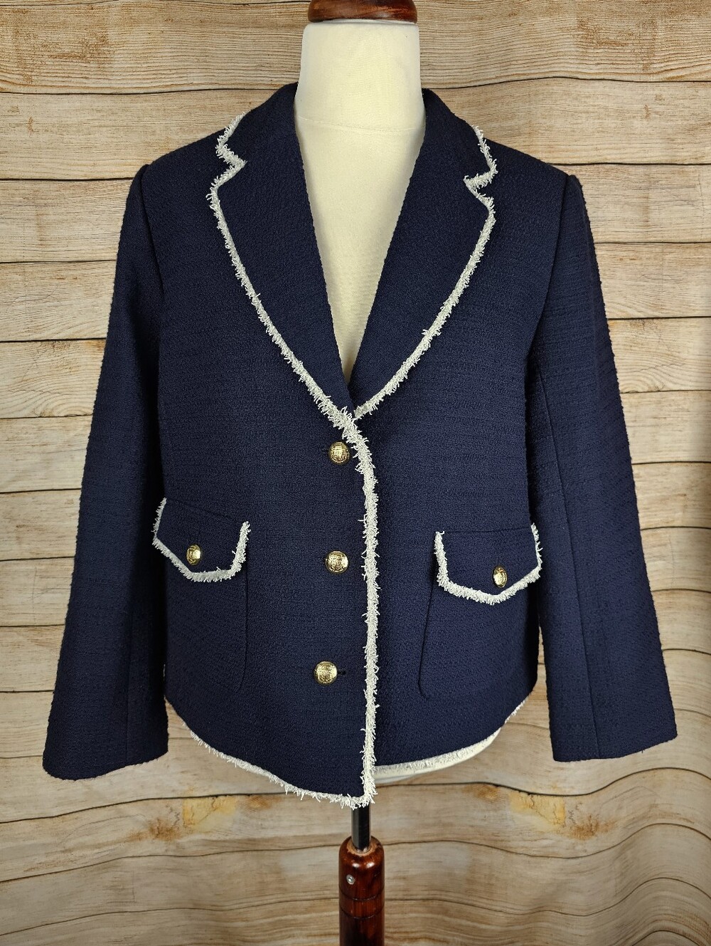 Talbots NWT Navy Blue/White Fringe Trim Cotton Tweed Blazer Jacket Size 18